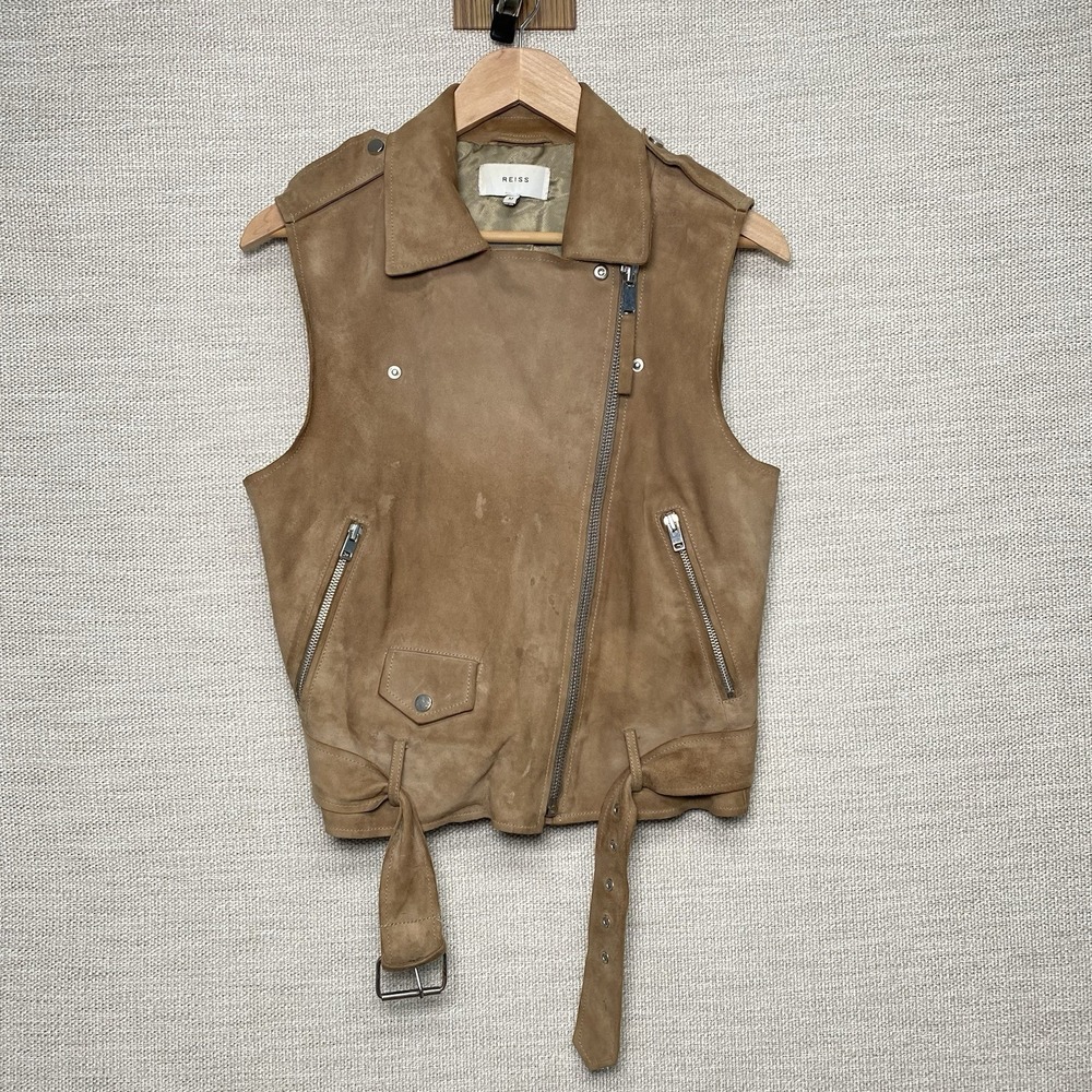 Reiss Goat Suede Leather Vest M Belted Asymmetrical Moto Boho Brown